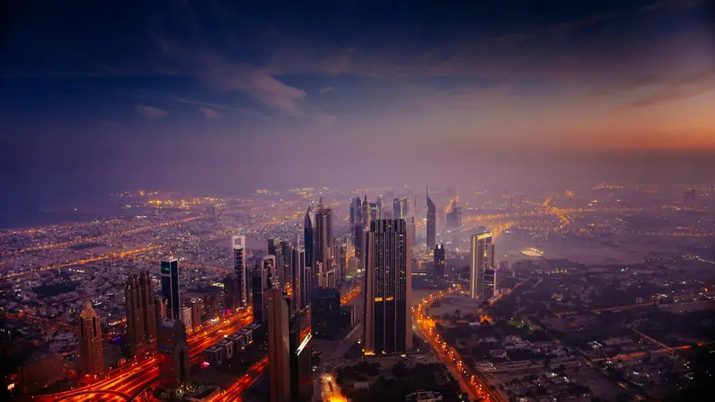 Aerial view of Dubai in the evening