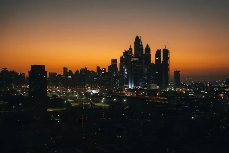 Dubai skyline with Burj Khalifa at dusk